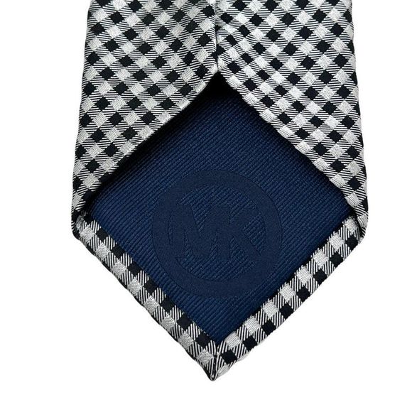Michael Kors Gingham Check Silver Black Extra Long 100% Silk Tie - Picture 4 of 5